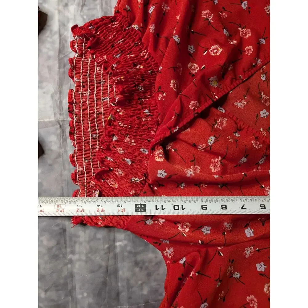 Ditsy Red Floral Surplice Front Shirred Top & Belted Shorts Spring Summer Size M
